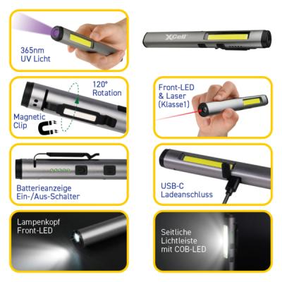 XCell LED-Stiftleuchte MULTI mit UV- und Laserlicht drehbarer Metallclip