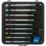 Etui mit 9 Schraubendrehern, 0,6 – 3,0 mm, inklusive Ersatzklingen